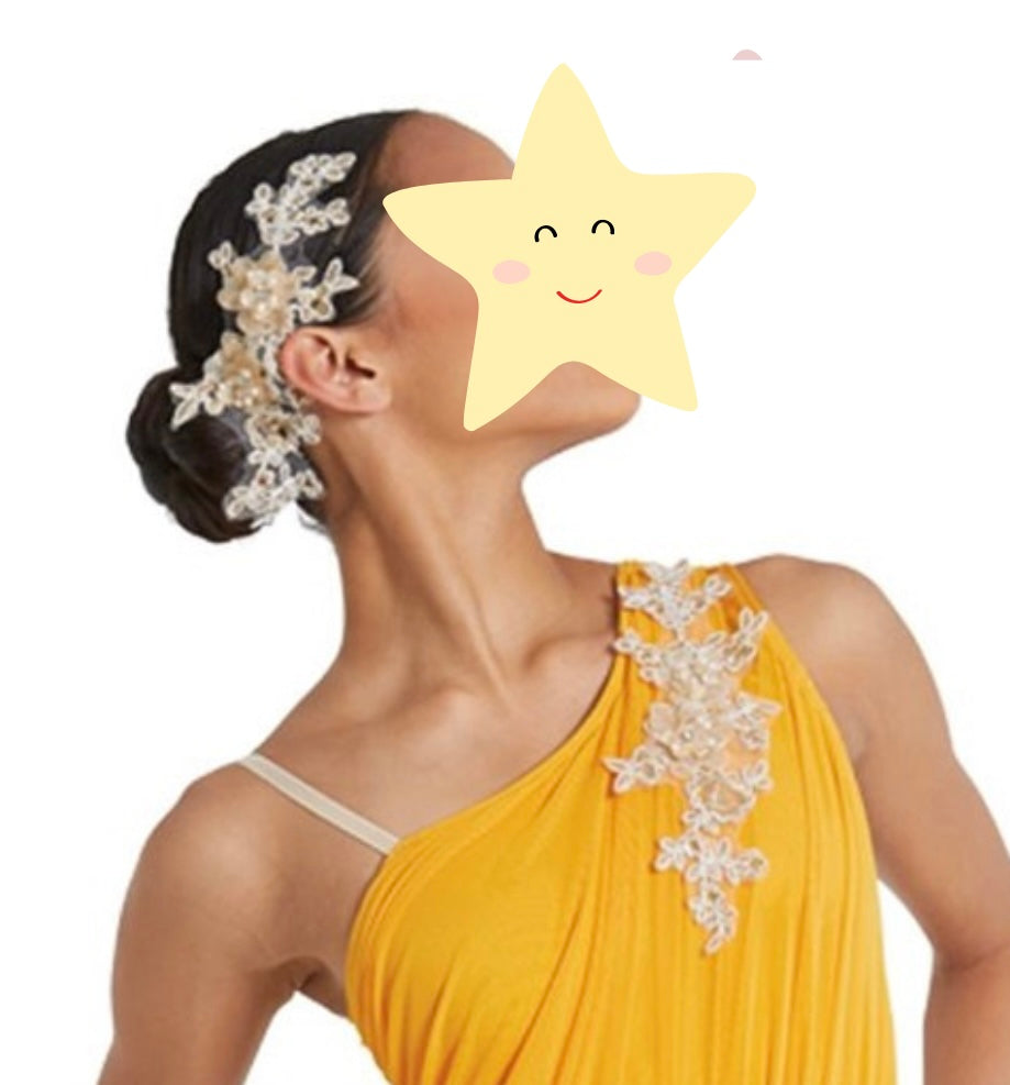 Saffron yellow lyrical duo-trio-group costume with asymmetrical design, ruched power mesh overlay, shiny spandex inset, beaded floral appliqué, adjustable strap, power mesh skirt, and attached briefs