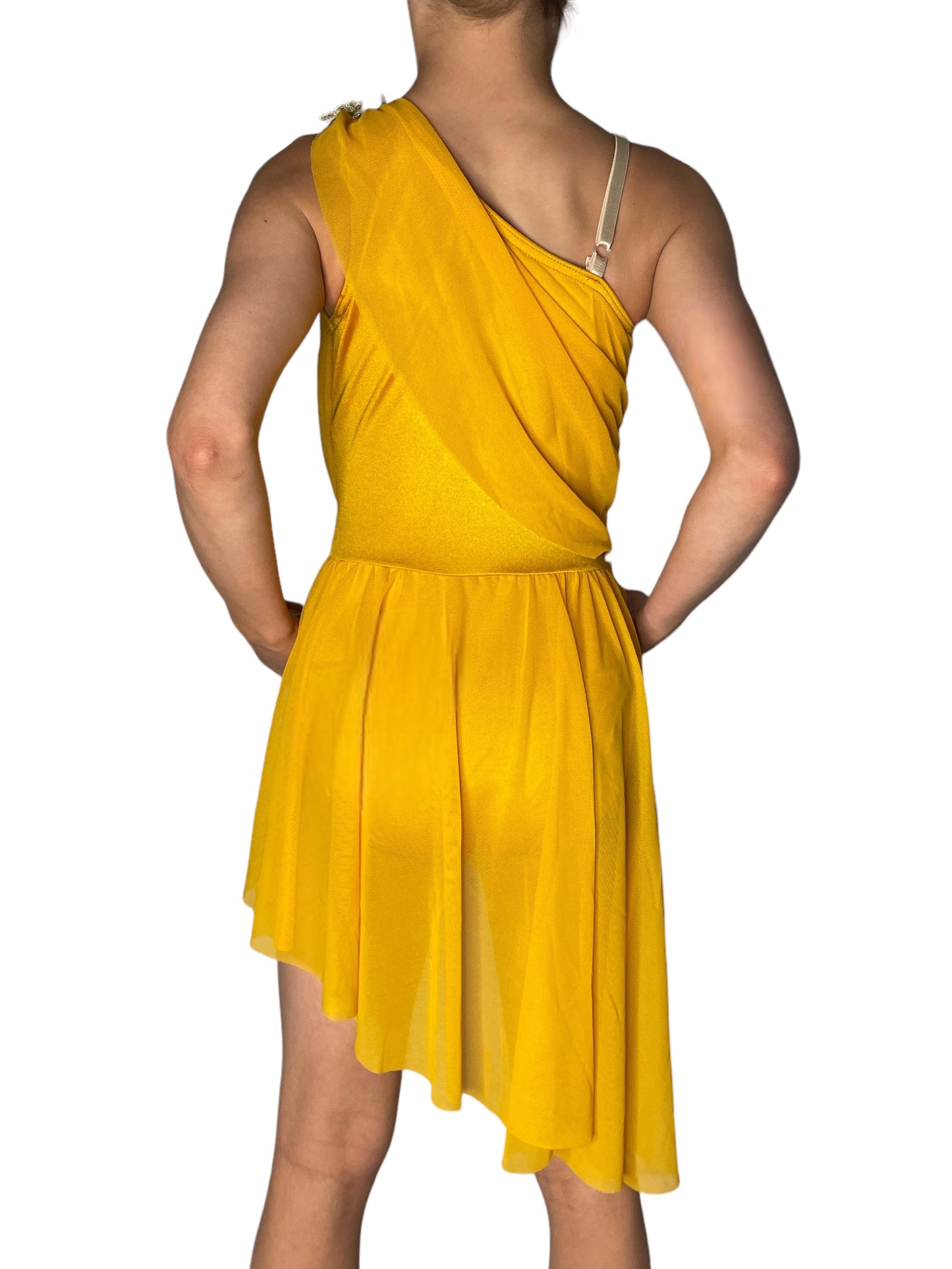 Saffron yellow lyrical duo-trio-group costume with asymmetrical design, ruched power mesh overlay, shiny spandex inset, beaded floral appliqué, adjustable strap, power mesh skirt, and attached briefs
