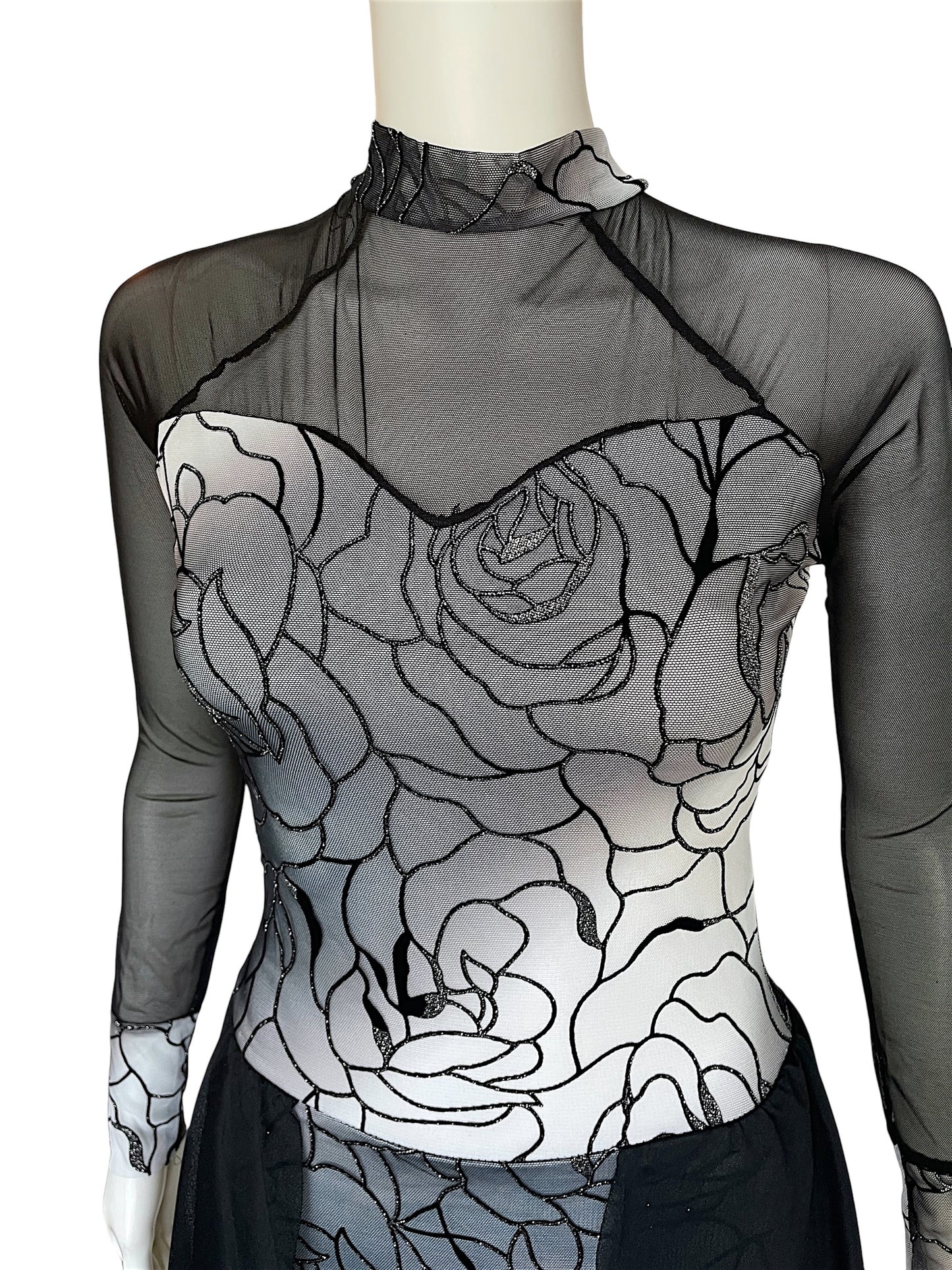 ROSE PRINT GLITTER SHEER SLEEVE DRESS