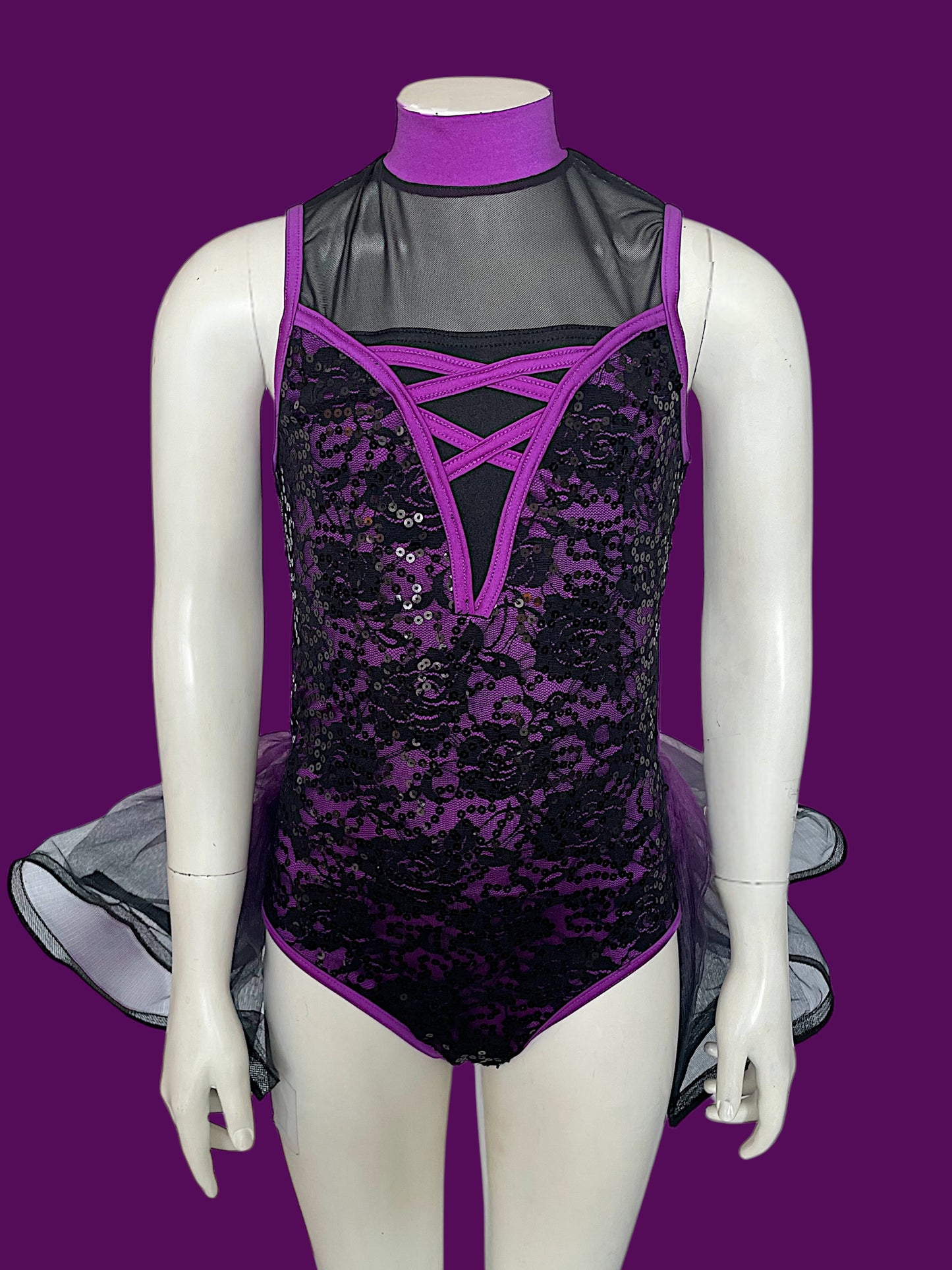 BLACK AND PURPLE LACE WITH BUSTLE