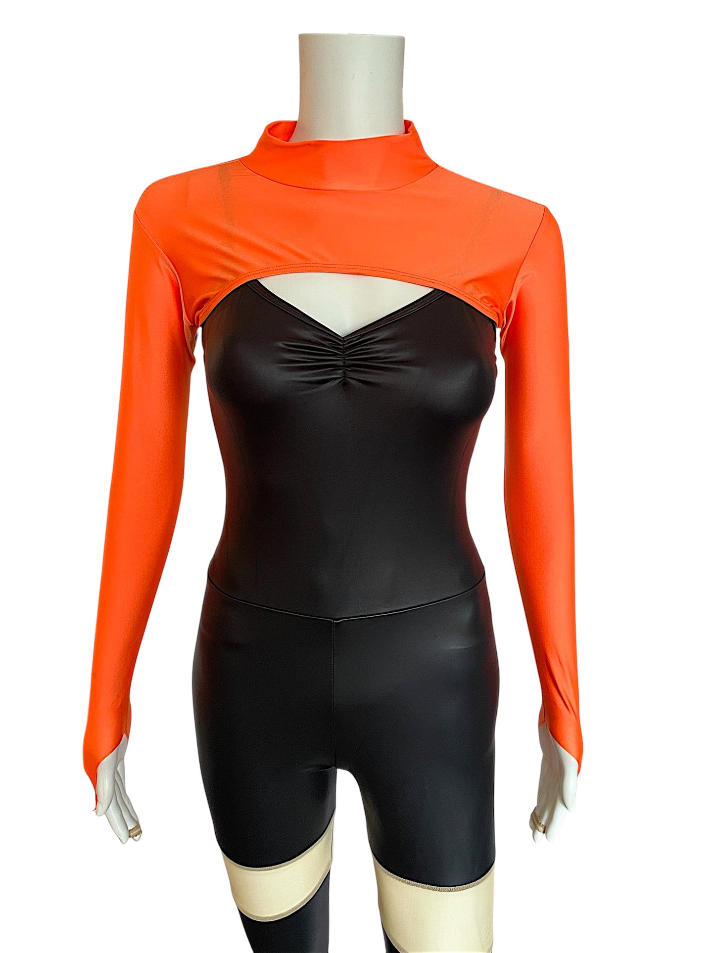 UNITARD WITH MESH CUTOUTS AND NEON SHRUG