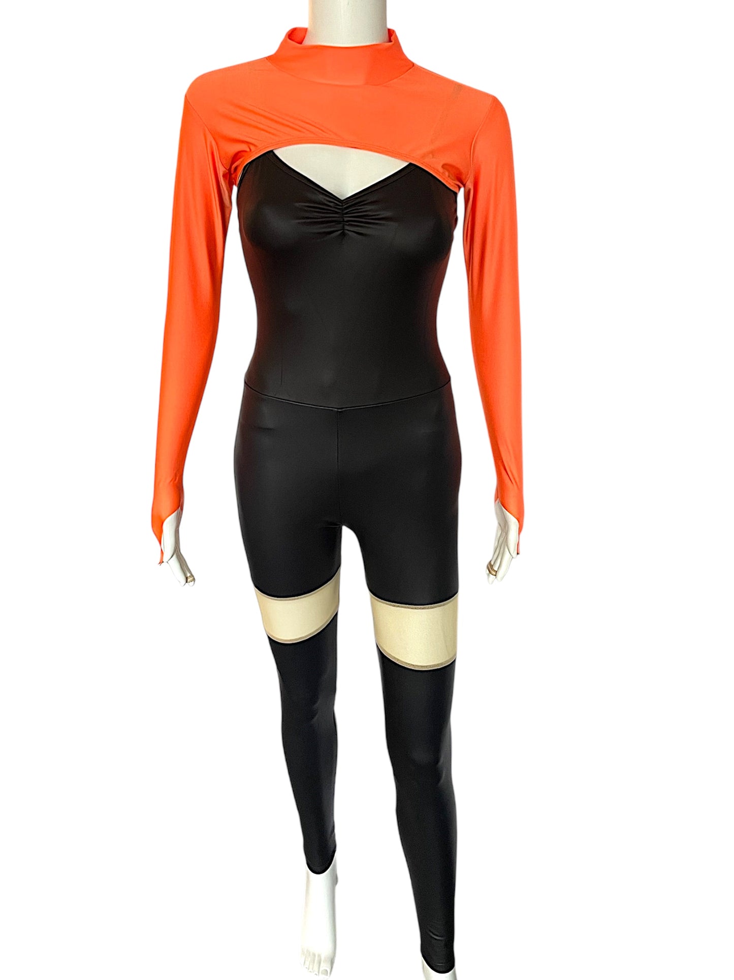 UNITARD WITH MESH CUTOUTS AND NEON SHRUG
