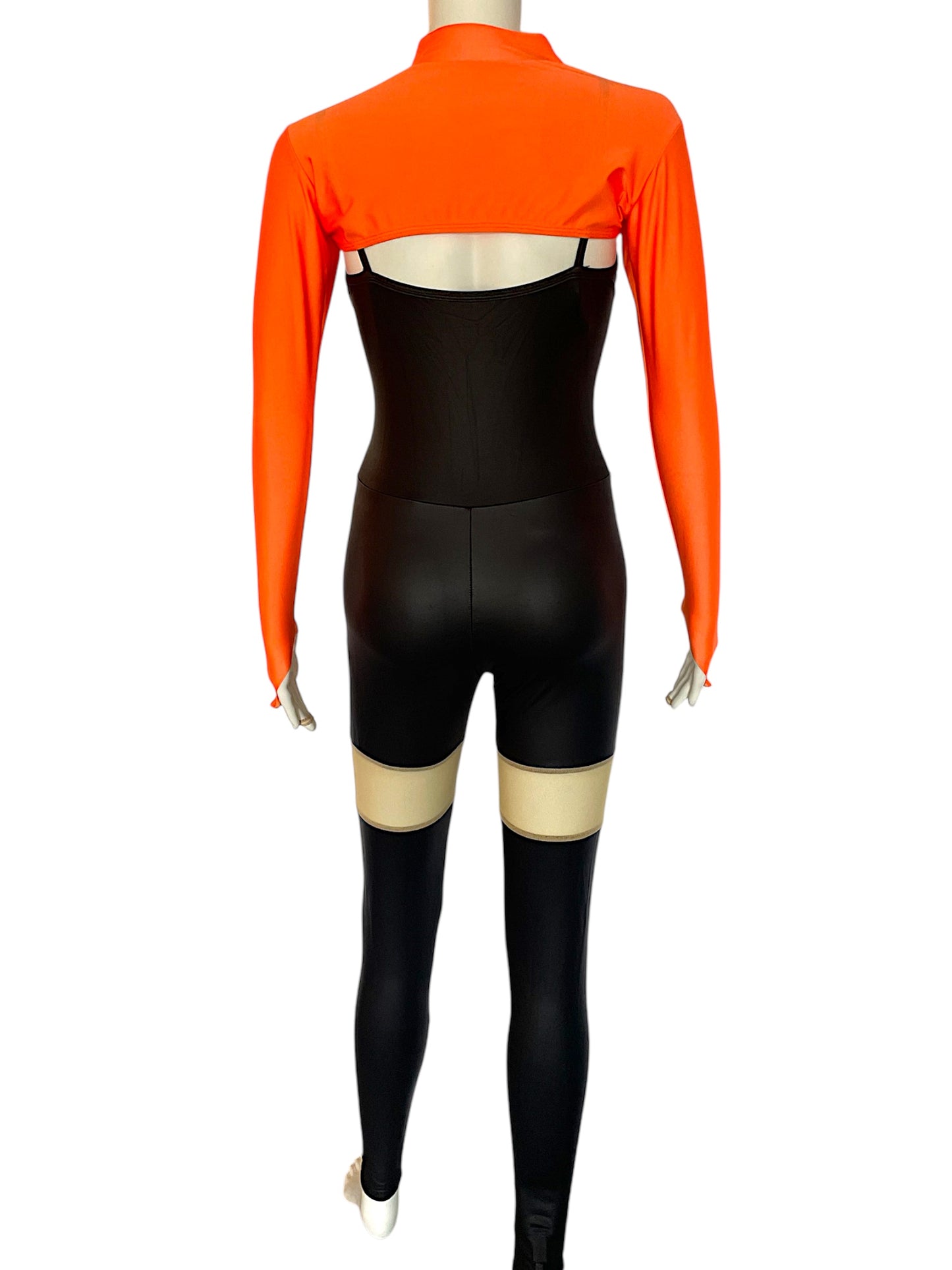 UNITARD WITH MESH CUTOUTS AND NEON SHRUG