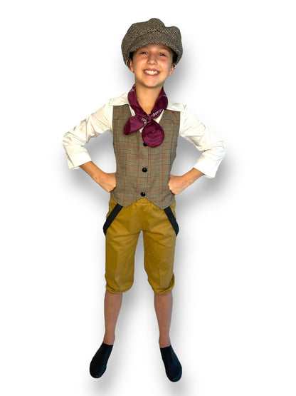 Consigned Oliver-inspired musical theatre costume from Weissman includes shirt, pants, newsboy cap, and bandana.