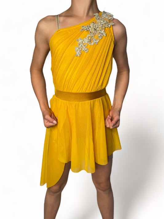 Saffron yellow lyrical duo-trio-group costume with asymmetrical design, ruched power mesh overlay, shiny spandex inset, beaded floral appliqué, adjustable strap, power mesh skirt, and attached briefs.