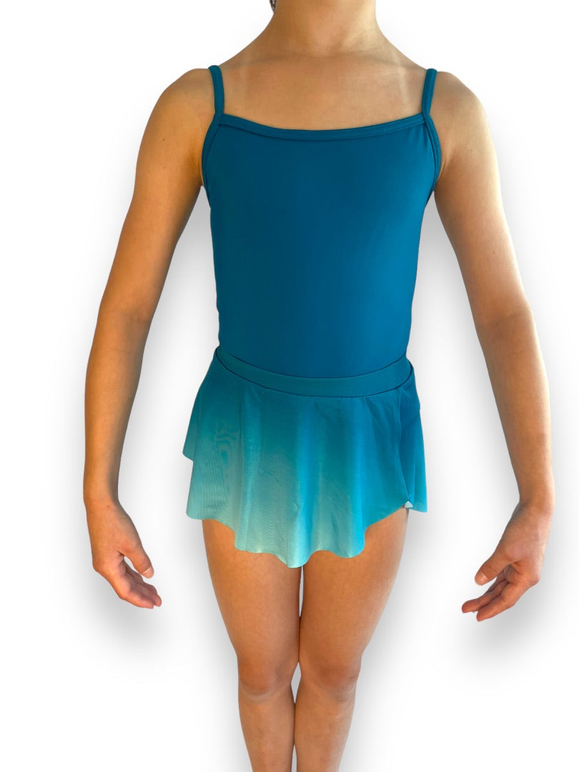 A young woman wearing a dark teal Camisole Biketard by Balera, a versatile biketard perfect for lyrical, jazz, contemporary, and other duo dance performances. It features adjustable camisole straps, banded hems, and a fully lined front bodice.