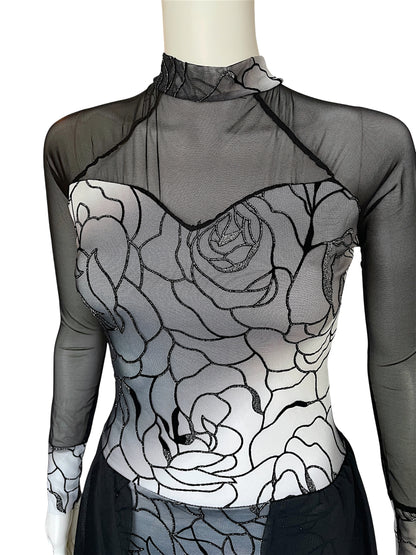 ROSE PRINT GLITTER SHEER SLEEVE DRESS