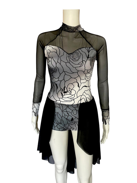 ROSE PRINT GLITTER SHEER SLEEVE DRESS