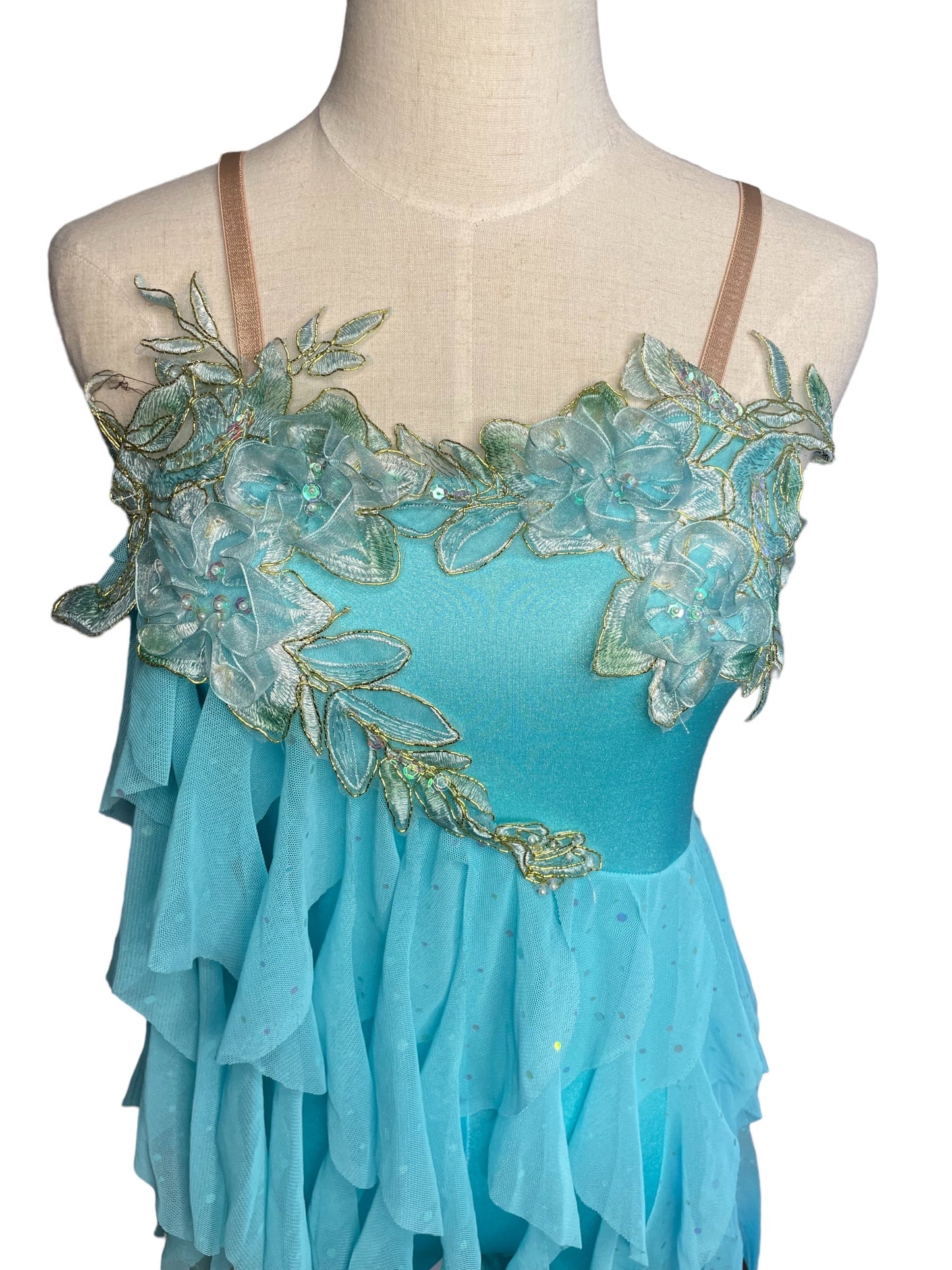 TURQUOISE APPLIQUE AND MESH DRESS