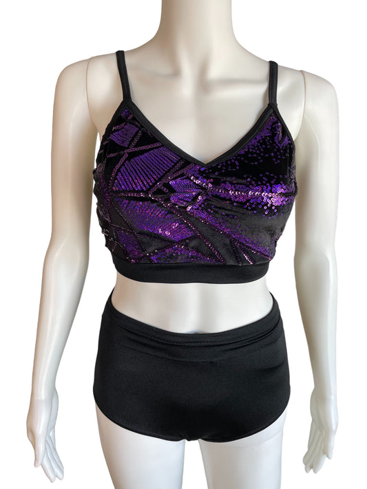 BLACK VELOUR AND PURPLE SEQUIN CROP AND BRIEF