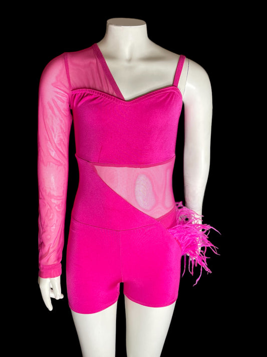 HOT PINK BIKETARD WITH FEATHERS-Kelle