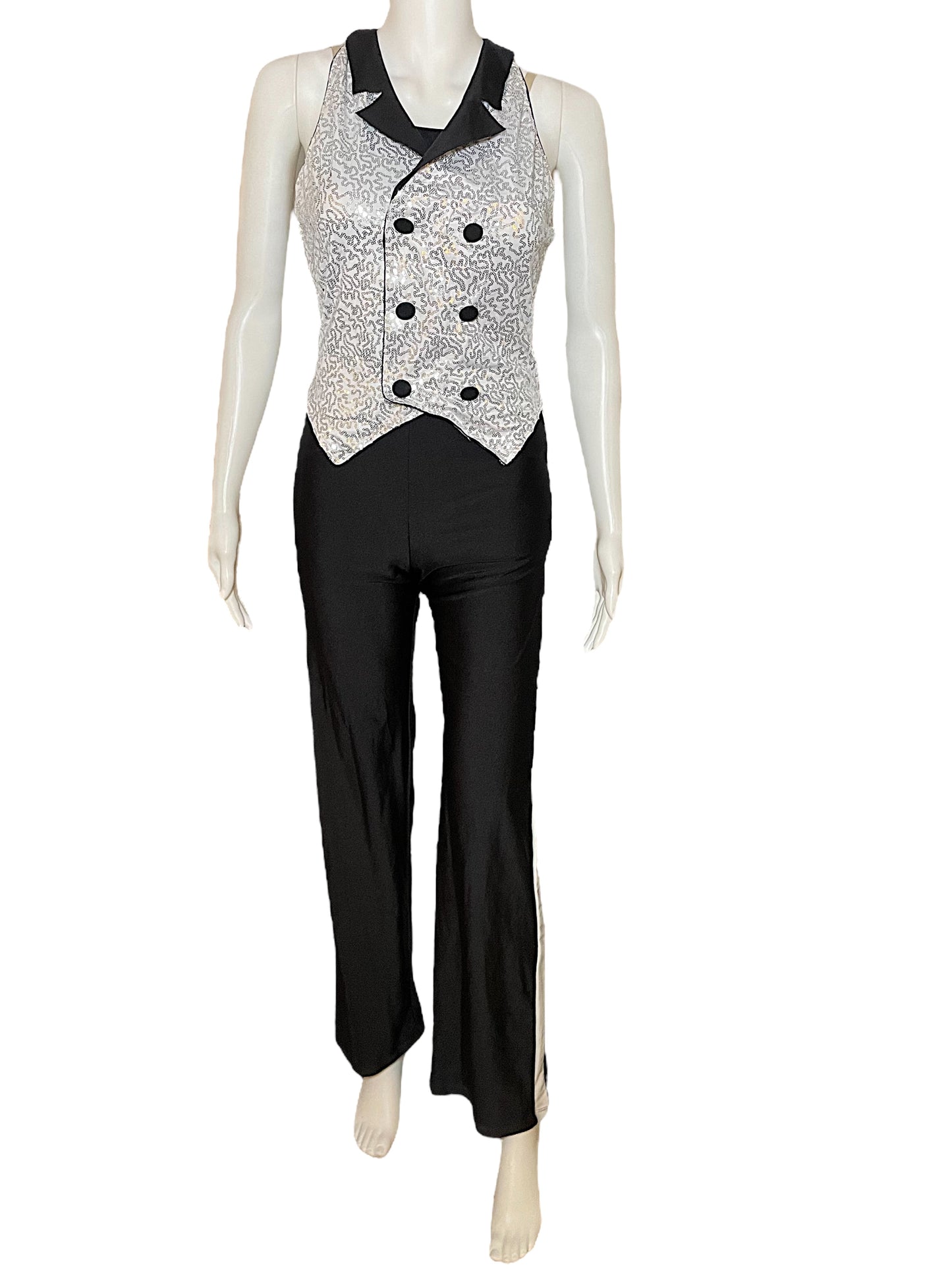 SEQUIN VEST AND WHITE STRIPE PANTS