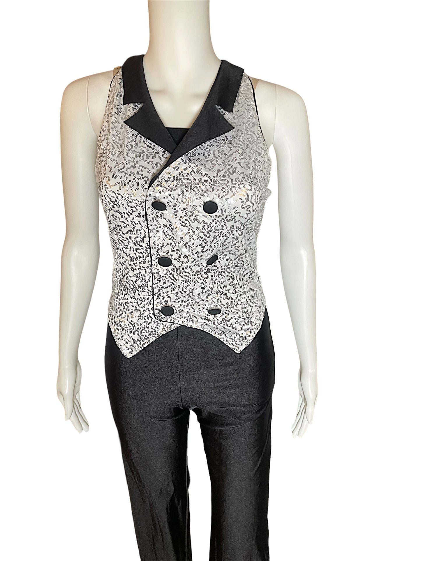 SEQUIN VEST AND WHITE STRIPE PANTS